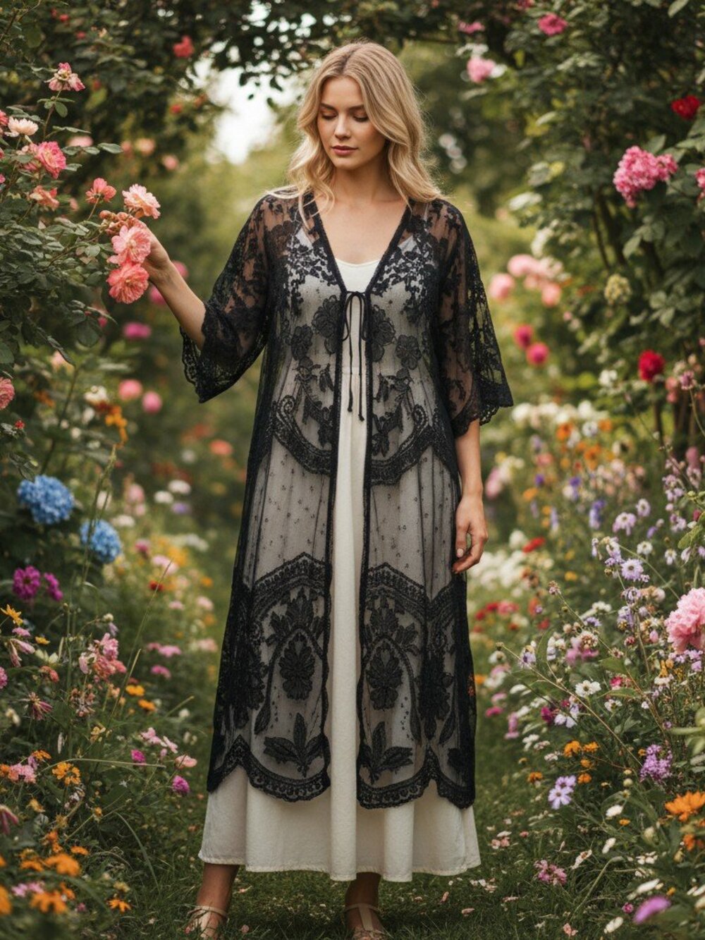 Black Lace Duster Kimono Robe One Size Sheer Gothic Boho Resort Cover Up EUC